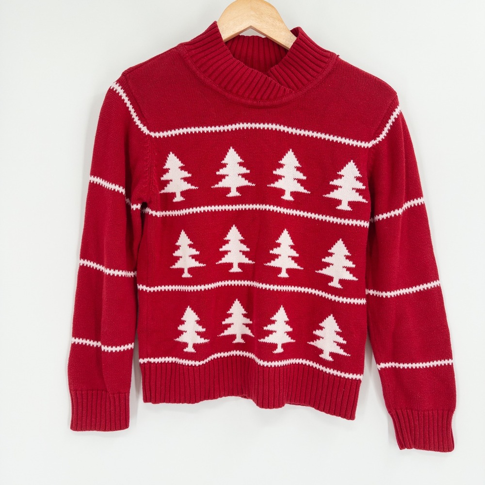 Talbots Sweater Women S Petite Red Christmas Tree Cotton Knit Mock Neck  Holiday